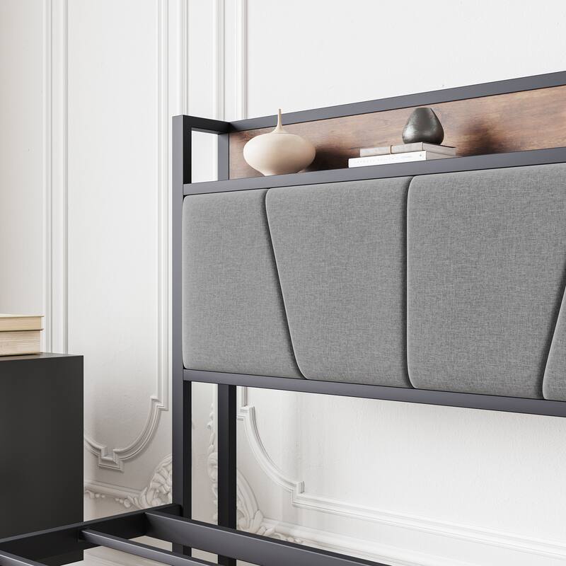 Metal & Wood & Upholstered Platform Bed Frame