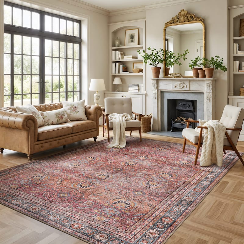 World Rug Gallery Vintage Inspired Machine Washable Non Slip Area Rug - 9' x 12' - Red - Rectangle