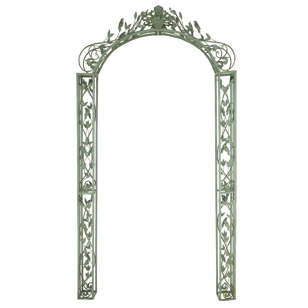 Metal Bird Indoor Outdoor Scrollwork Arched Garden Arbor with Sculpted Branches - Green - Roche River Decor