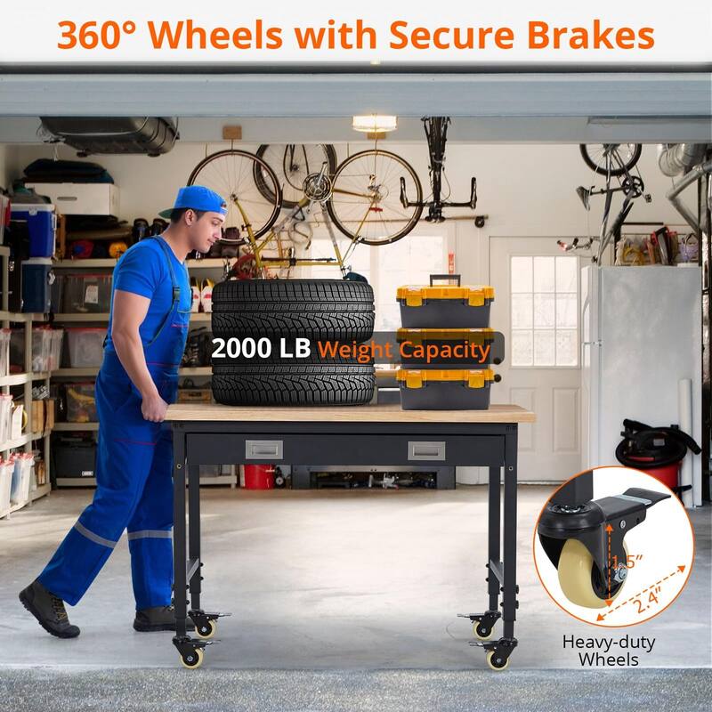Heavy Duty Adjustable Height Workbench with Casters and Drawer - 48"x24"