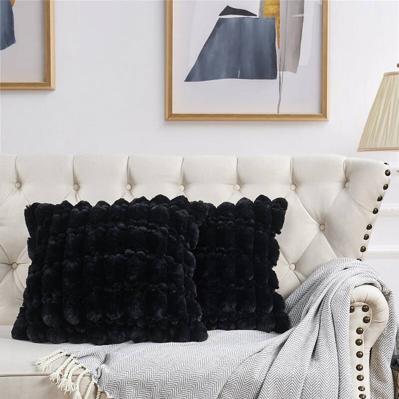 Textured FauxFur Spandex Bubble Pillow Shell Decorative Cushion Cover - 20" x 20" - Black
