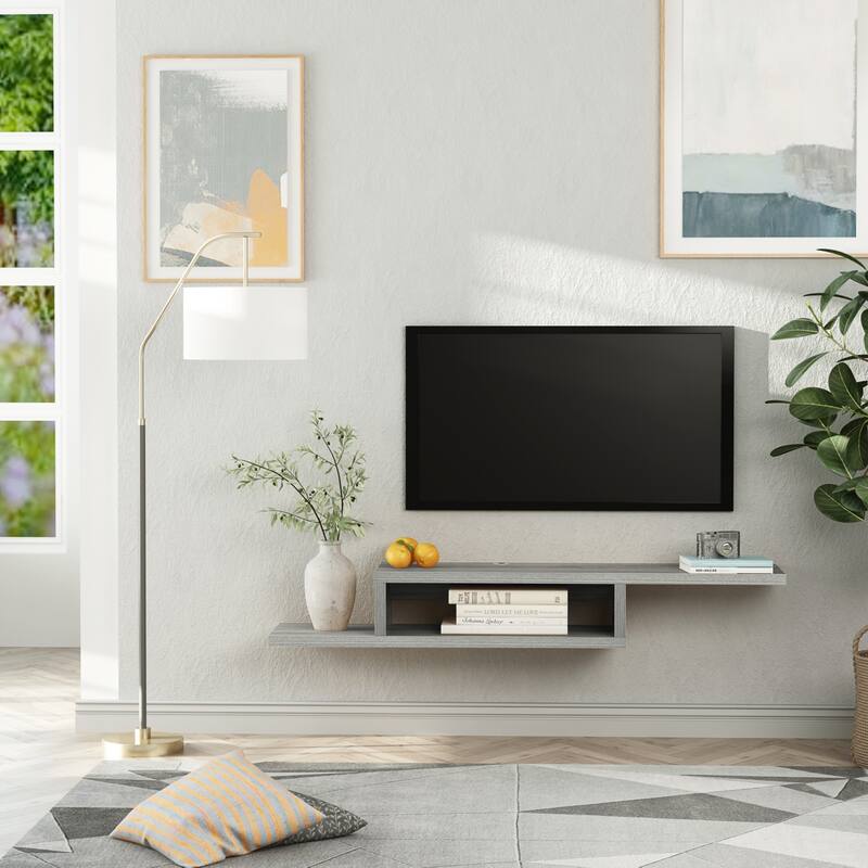 Grey Floating TV Console Wall Mounted Two Tier Asymmetrical Design with Cable Management for Modern Living Room