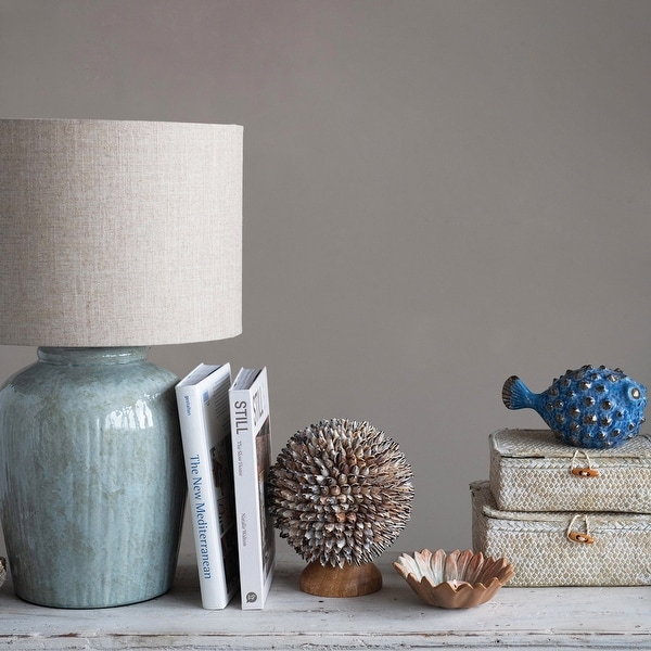 Coastal Aqua Blue Ceramic Stoneware Table Lamp with Natural Ivory Linen Shade Reactive Glaze Finish On Sale Bed Bath Beyond 33685673