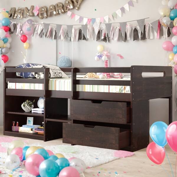 slide 2 of 19, Twin Size Loft Bed With Two Shelves and Two drawers for Home Antique Espresso