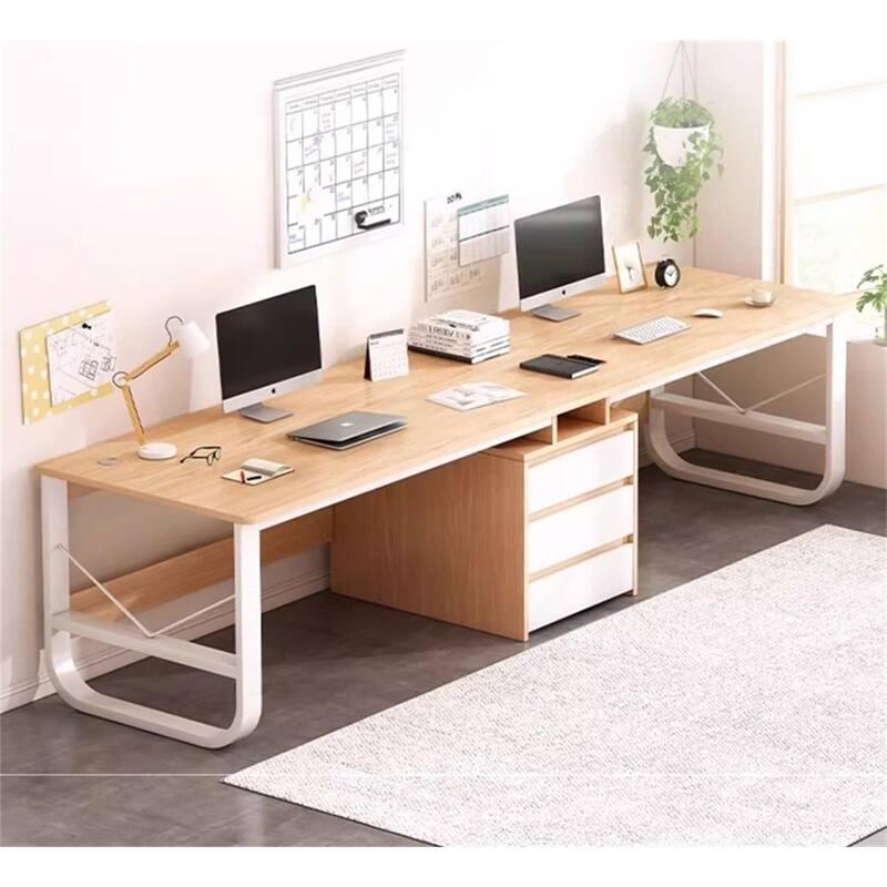 Modern Double Computer Desk with Thickened U-Shaped Frame - Natural White