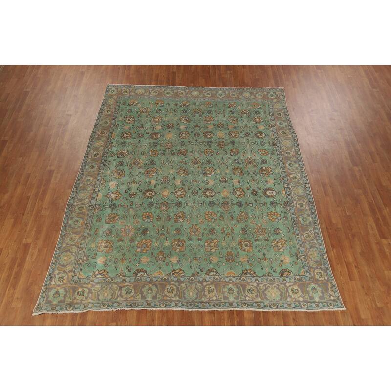 Hand Knotted Oriental 100% Wool Carpet Traditional All-Over Green Tabriz Area Rug - 10' 10'' X 8' 7''