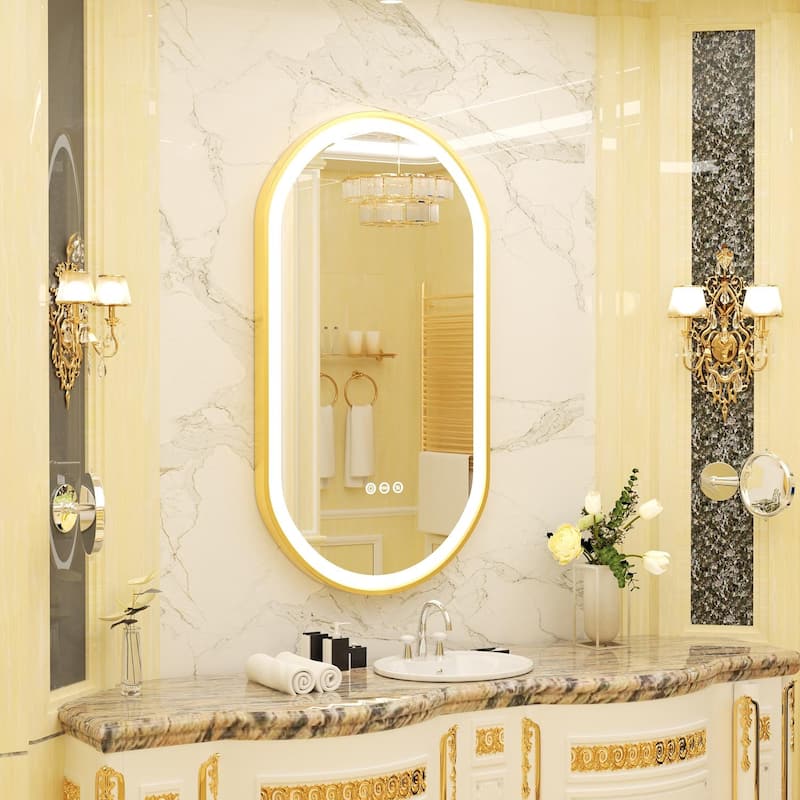 Modern LED Oval Bathroom Mirror Gold Frame Wall Vanity Mirror - 40 in.W x 20 in.H