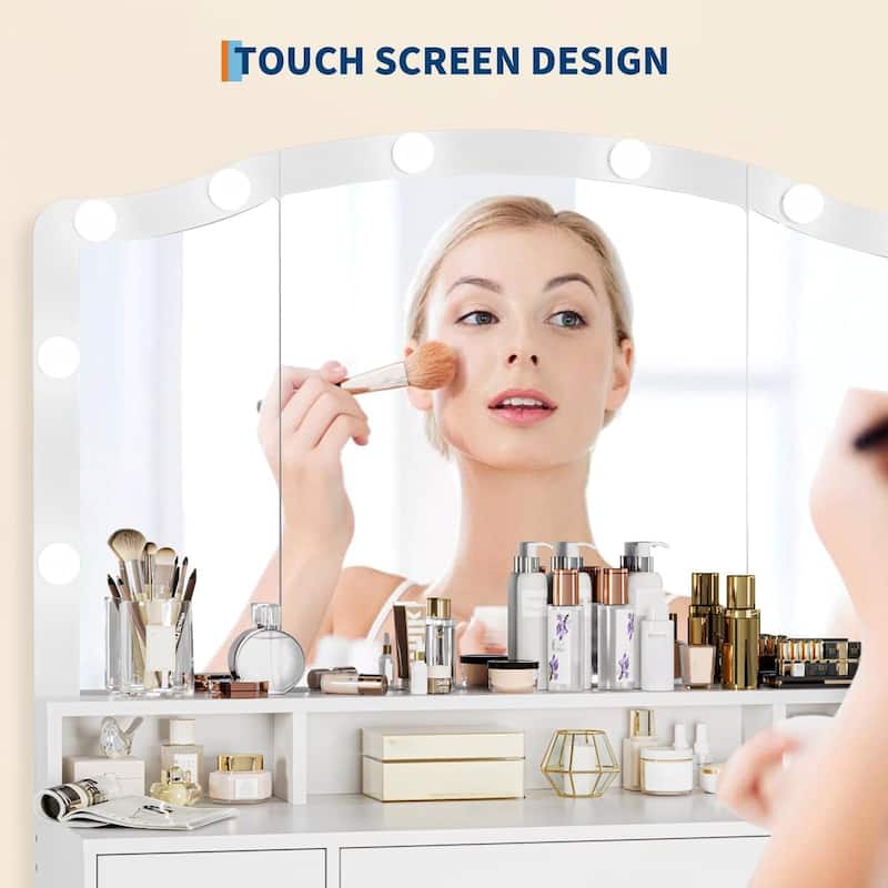 3 Drawers Makeup Vanity Desk, Dressing Table with LED Lights and Stool