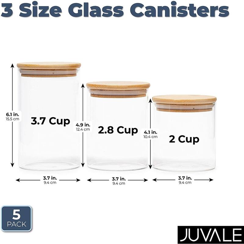 Glass Canisters with Airtight Bamboo Lids, 3 Sizes for Pantry Storage (5 Pack)