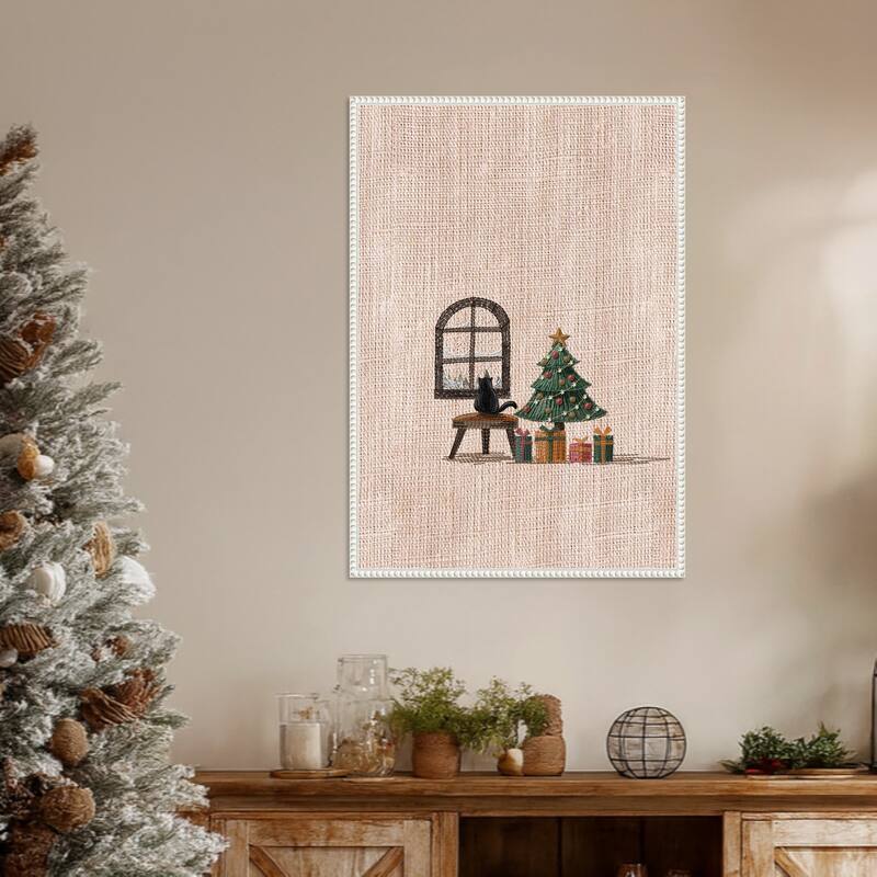 Cat in Cozy room by Xuan Thai (23 x 33 in.), Framed Canvas Wall Art Print - Sylvie Beaded White