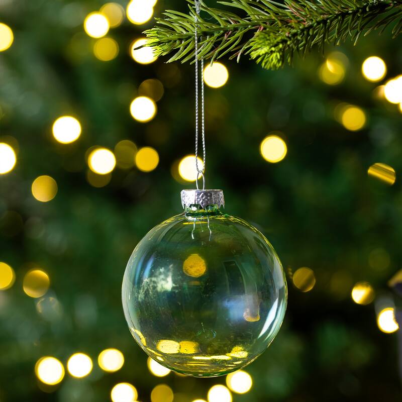 4ct Green and Clear Shiny Iridescent Christmas Ball Ornaments 3.25"