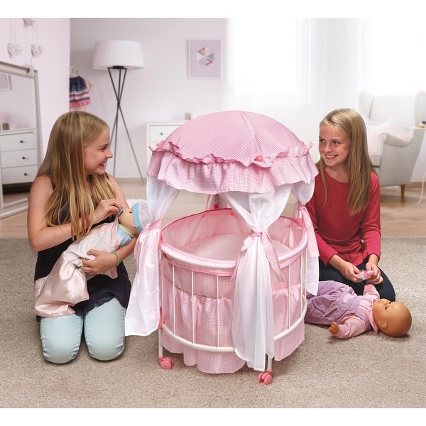 slide 2 of 8, Badger Basket Royal Pavilion Round Doll Crib with Canopy and Bedding - Pink/White