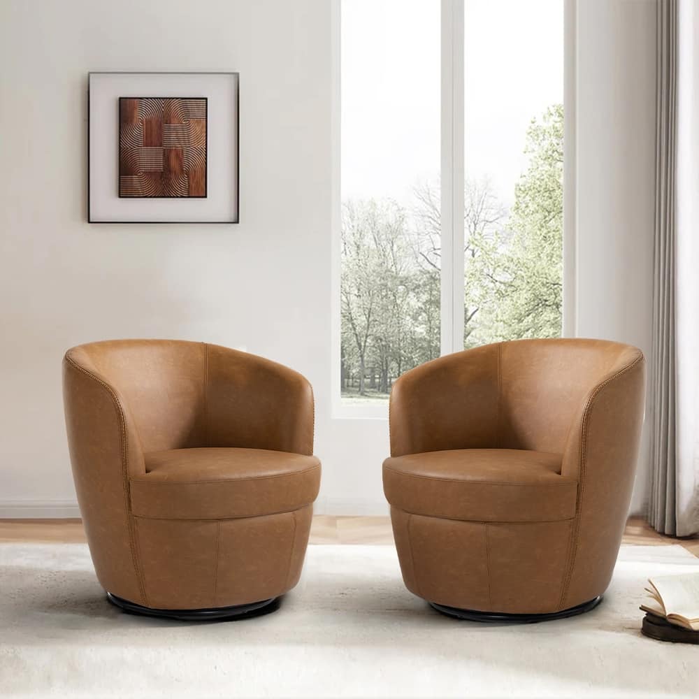 32" Wide PU Leather Swivel Barrel Chair with Metal Rotary Base (Set of 2)