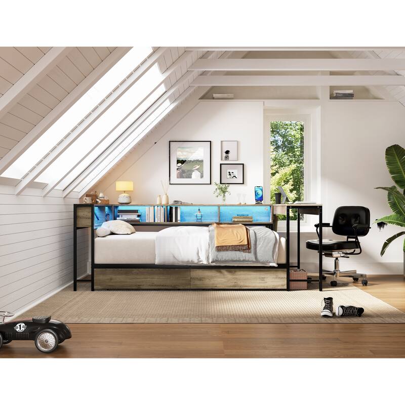 GDFStudio - Modern Corner Bed Frame with Bookcase, 2 Underbed Storage Drawers, LED Lighting & Charging Station