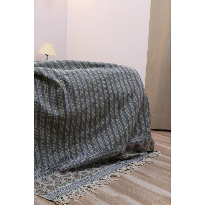 Fabdivine Choco Chips Handwoven 100% Cotton Throw Blanket - Floral Block Print Decorative Sofa & Bed Throw with Fringe, 90"x54"