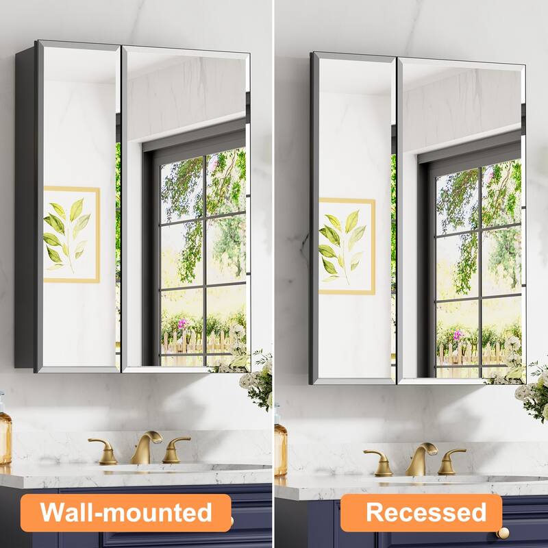 Belle Medicine Cabinet with Mirror, Adjustable Shelves, Recessed or Wall Mount