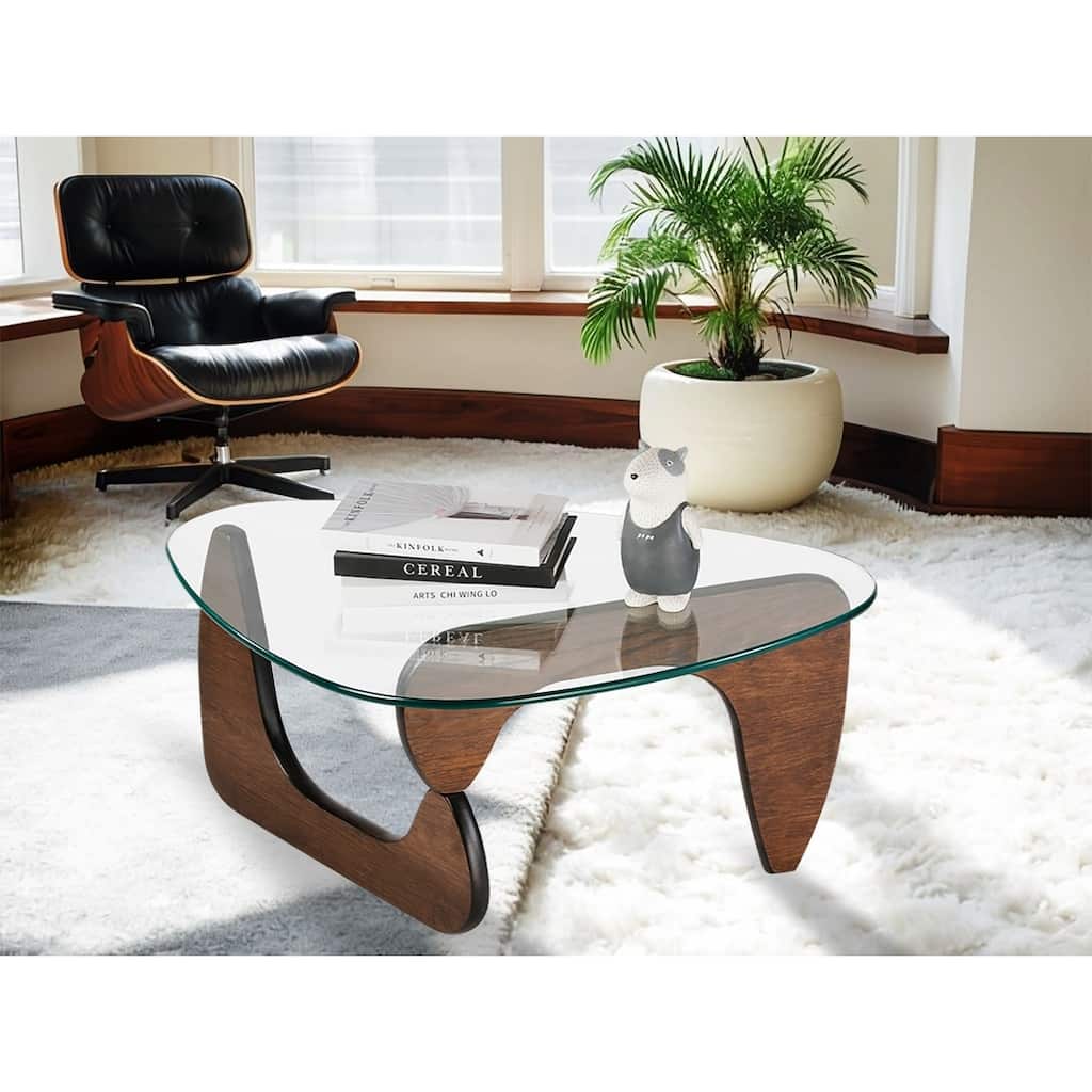 Modern Triangle Clear Glass Coffee Table with Wood Base
