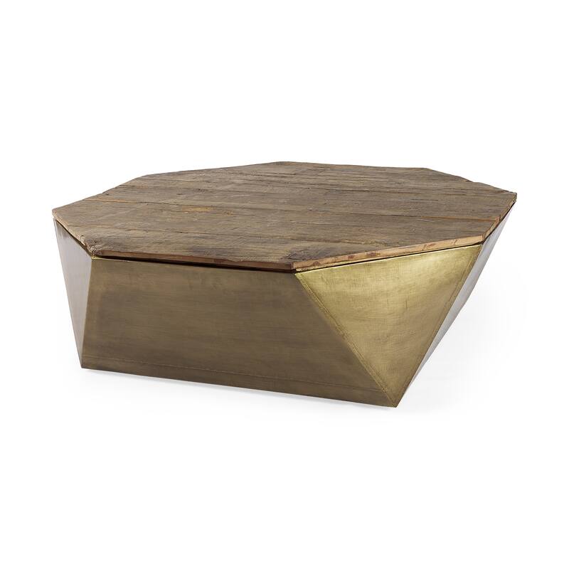 Esagono Gold Metal-Clad Reclaimed Wood Octagonal Coffee Table w/ Storage - 48.0L x 48.0W x 14.2H