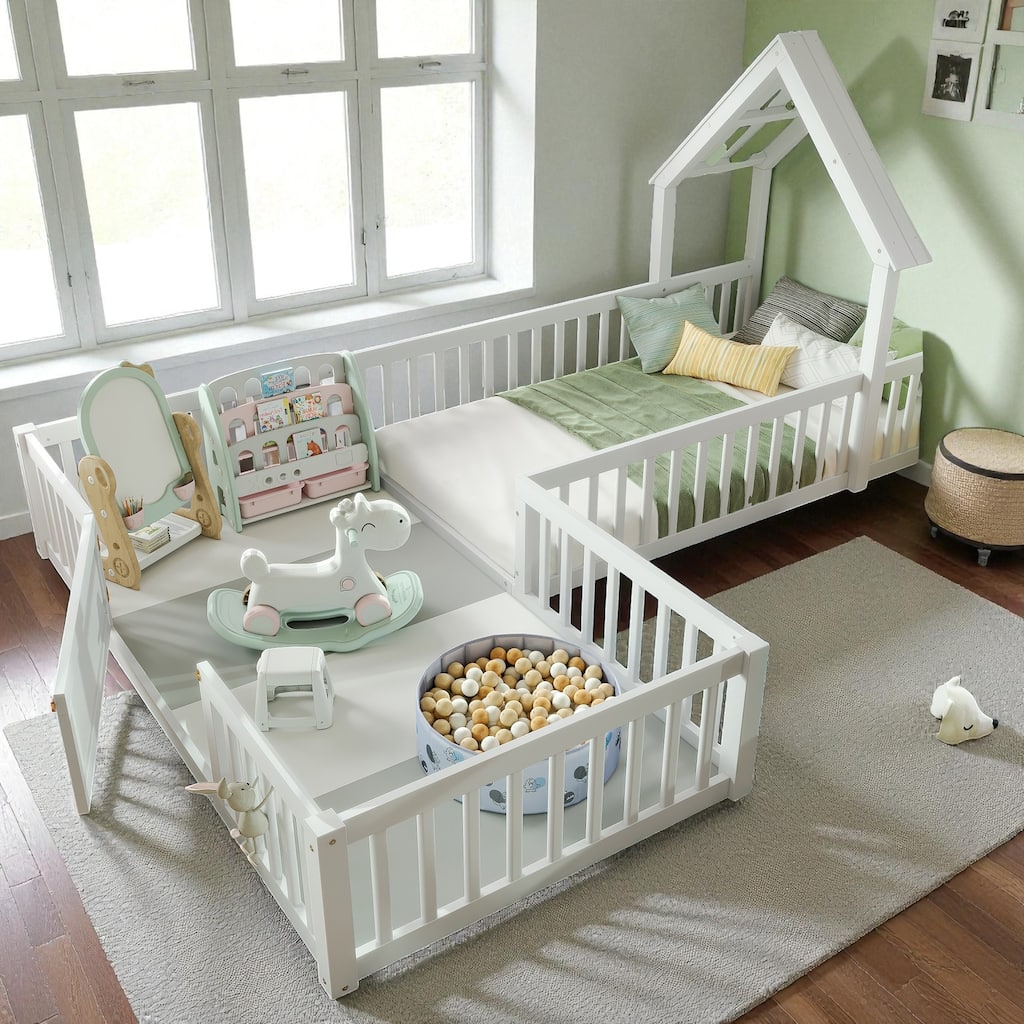 Twin/Full Size House Floor Bed with Door and Guardrails, Double Twin/Full Solid Wood Montessori Bed for Kids