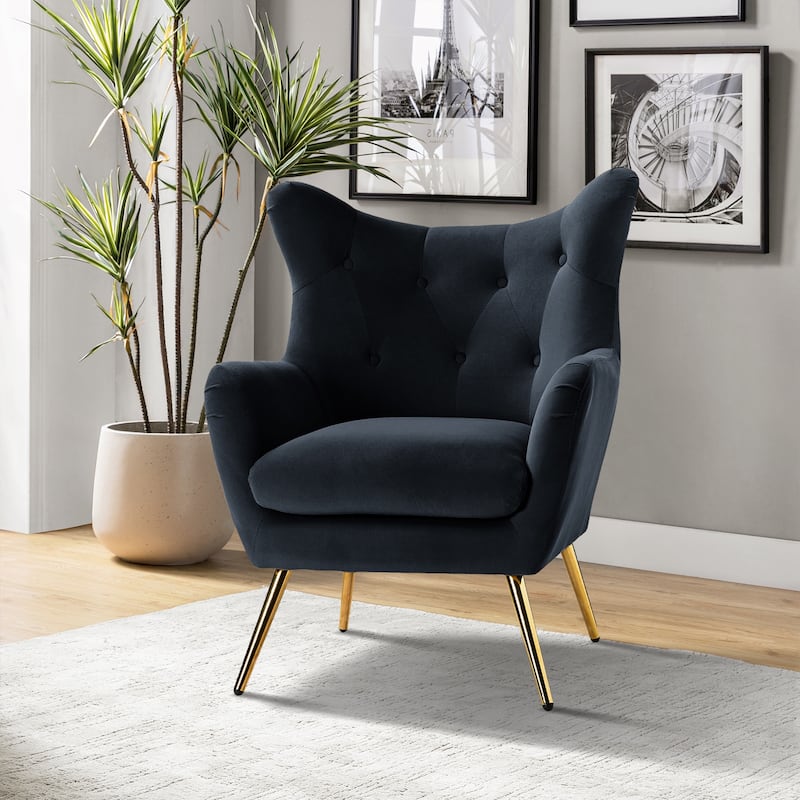 Eusebio Tufted Velvet Accent Chair with Wingback, Arms, and Metal Gold Legs for Living Room or Bedroom by HULALA HOME