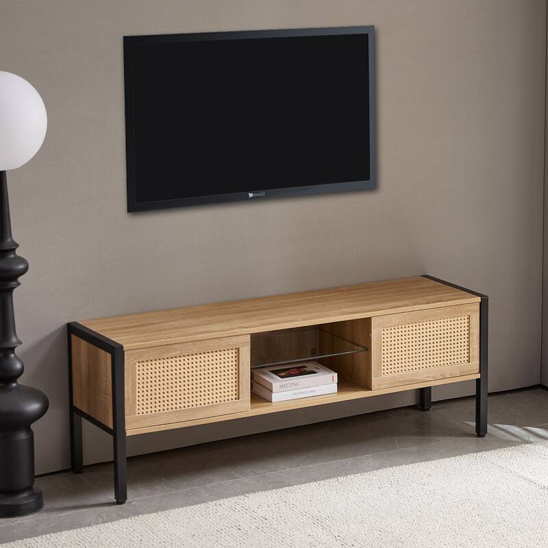 54.33" Rattan TV cabinet with variable color light strip, double sliding doors for storage, adjustable shelf, metal legs