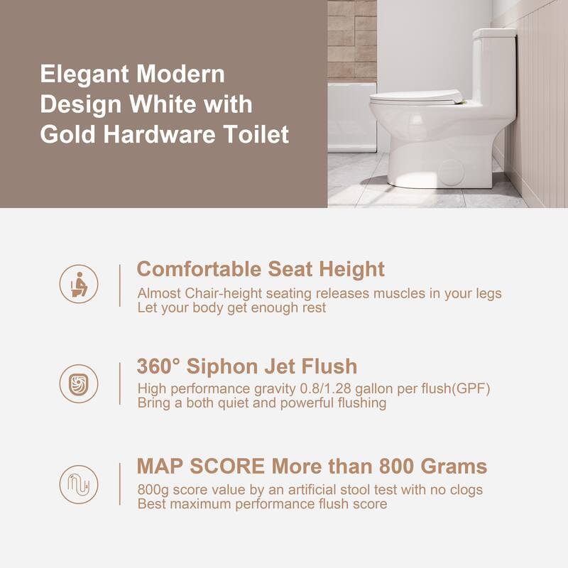 HOROW 1 Piece Dual Flush Elongated Toilet White 0.8 1.28 GPF Seat Included Brushed Gold Button