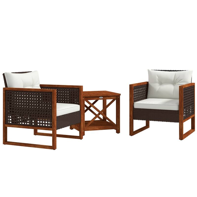 3 Pieces Patio Bistro Set Wooden with Cushions, PE Wicker Patio Furniture Outdoor for Porch, Backyard, Garden