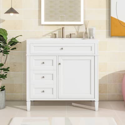36'' Bathroom Vanity with Top Sink, Modern Bathroom Storage Cabinet with 2 Drawers and a Tip-out Drawer, White