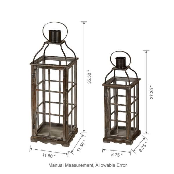dimension image slide 1 of 2, Glitzhome Oversized Farmhouse Wooden Metal Cage Candle Holders Patio Hanging Decorative Lanterns (Set of 2)
