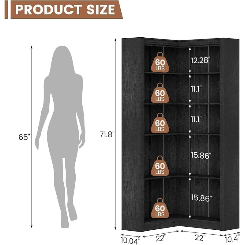 Industrial L Shaped Corner Bookshelf with Open Shelves - N/A