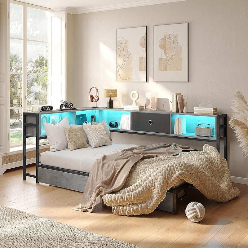 Daybed with 2 Drawers Platform Bed Frame LED Light Charging Station