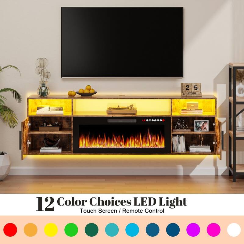 BOSSIN 70" Floating TV Stand with 36" Electric Fireplace, High Gloss Finish Wall Mounted Fireplace TV Stand with Storage