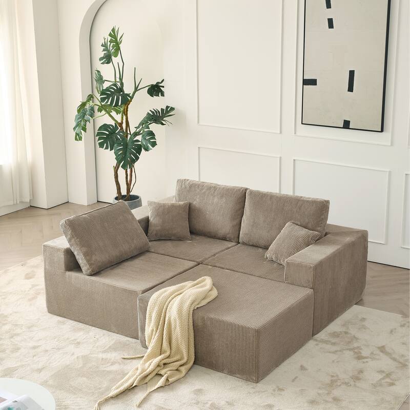 Modular L Shaped Sectional Sofa with Ottoman, Corduroy Boneless Cloud Sofa, 3 Seater Upholstered Sofa with 2 Pillows