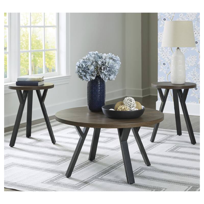 Signature Design by Ashley Elbrynn Brown/Black Table (Set of 3) - 34"W x 34"D x 18"H - 34"W x 34"D x 18"H - Brown/Black - MDF/Laminate