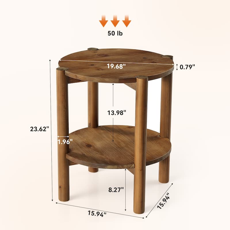 Solid Wood Round End Tables for Living Room, Farmhouse 2-tier Side Table - 19.69" D x 19.69" W x 23.62" H
