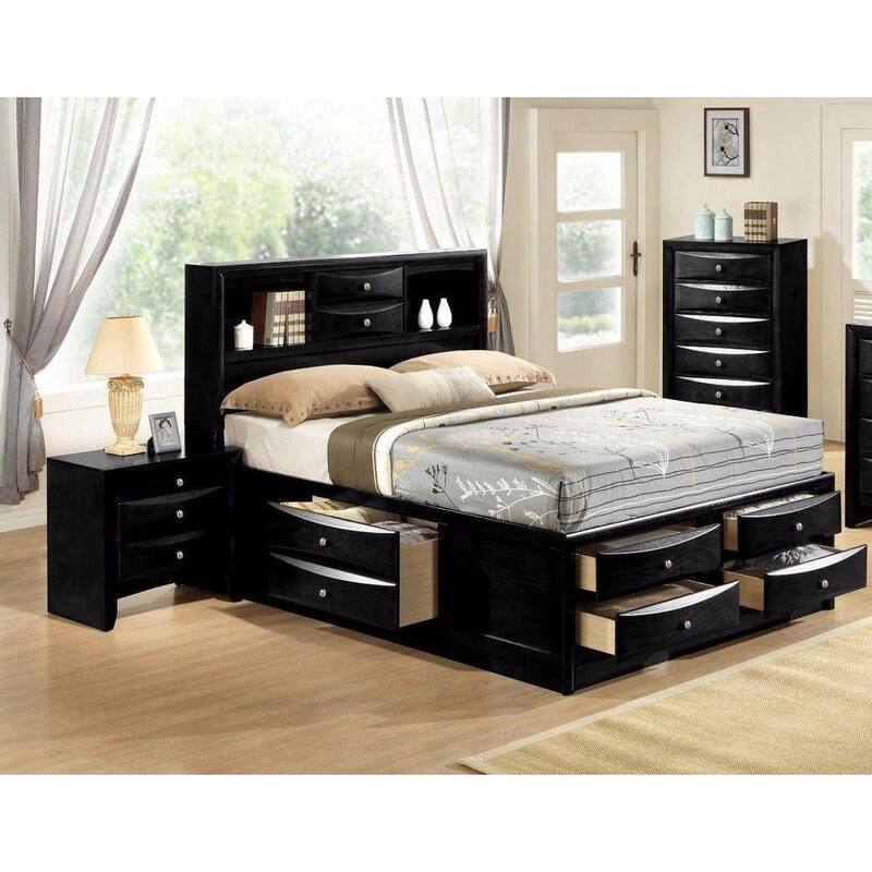 Contemporary Black Nightstand, 2 Drawers, Jewelry Tray, Solid Wood Bedroom Furniture