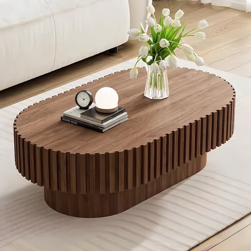 Oval Coffee Table for Living Room, Mid Century Modern Wooden Table with Pedestal, Unique Drum Tea Table Side Center Table - Walnut