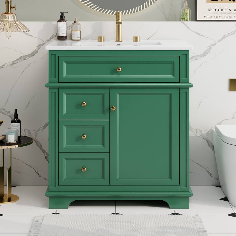 30" Bathroom Vanity With Sink, One Tip-Out Drawer, Three Drawers, Door Shelf, Soft Closing Door
