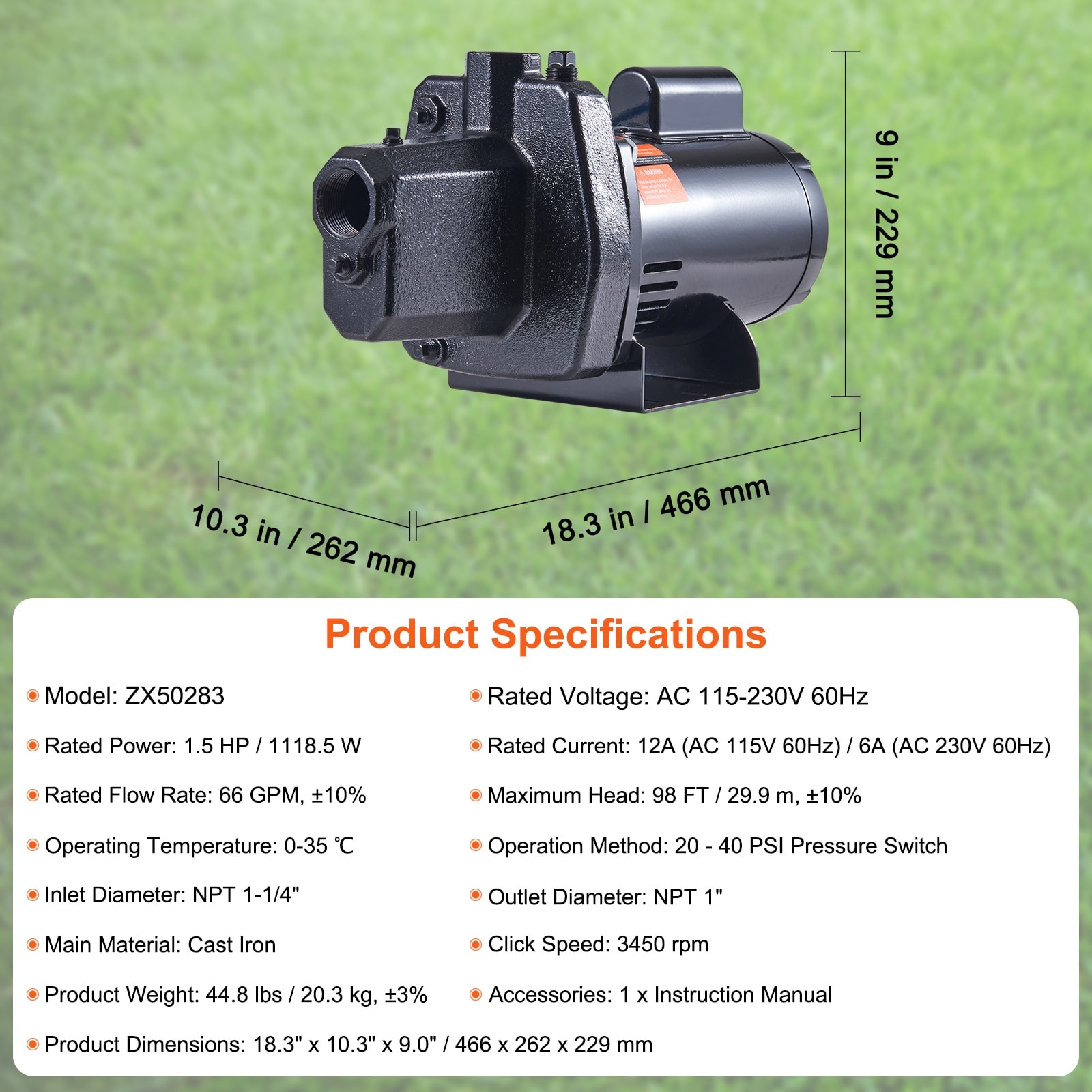 1HP 17.6 GPM Shallow Well Jet Water Pump Irrigation 164 FT