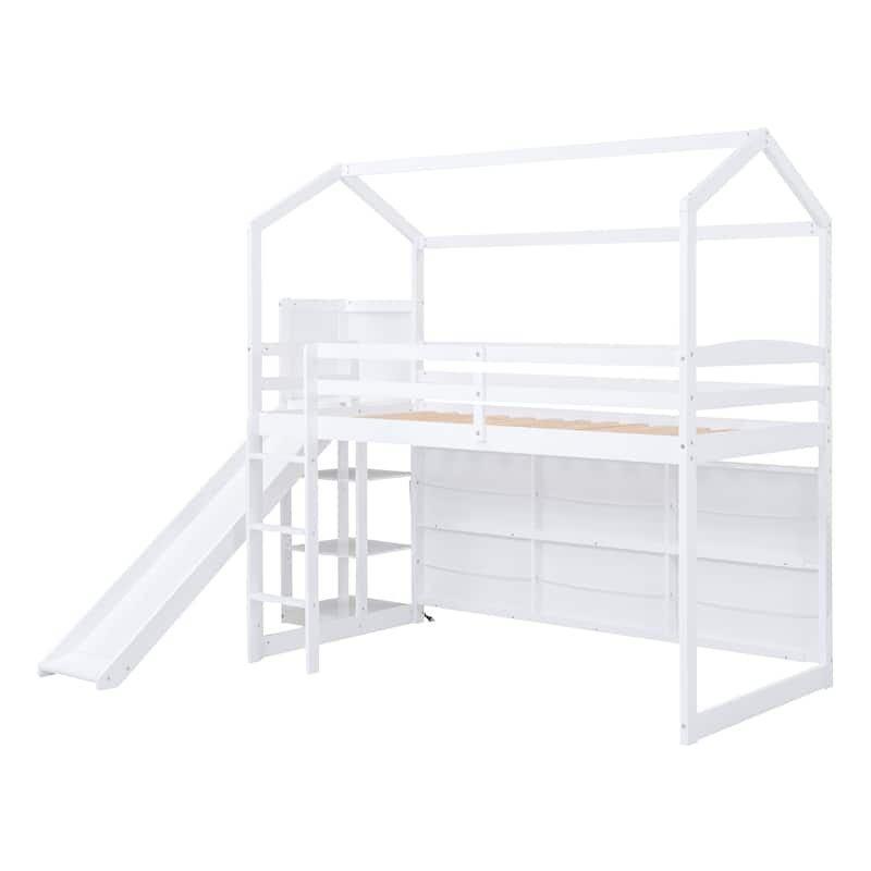 Twin Size Wood Loft Bed with Slide, Storage Shelves, and Light in White
