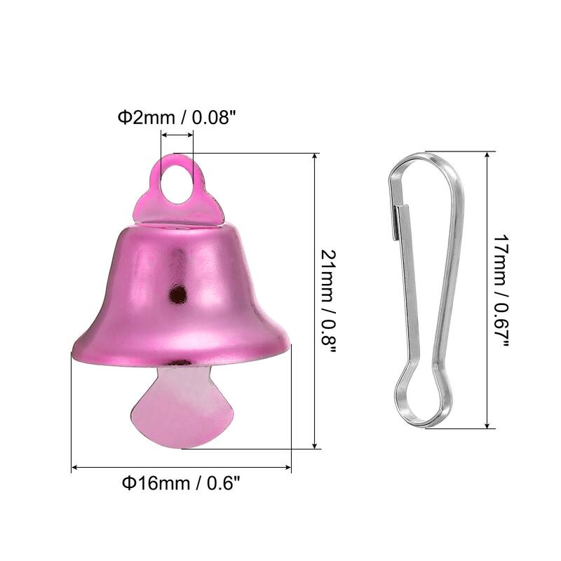 50Pcs Mini Jingle Bells 0.6" Metal Hanging Bells w 0.7" Spring Hooks - Pink
