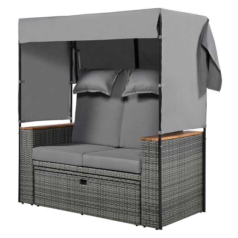 2-Piece Outdoor Patio Rattan Canopy Daybed Sunbed with 5 Positions Adjustable Backrest and Storage Bench