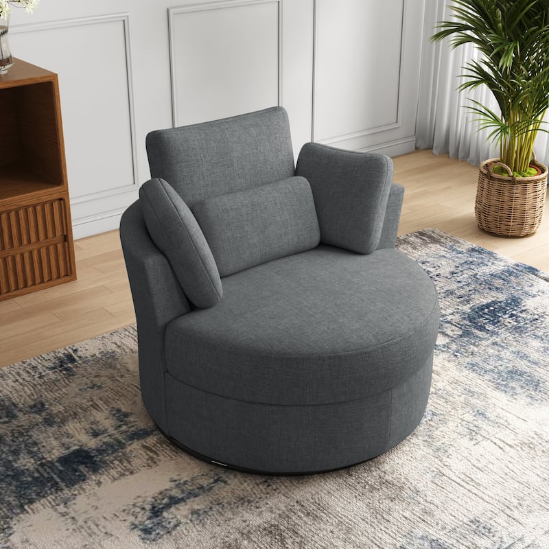 41" W Oversized Accent Barrel Swivel Chair with Moon Storage Ottoman - Single Chair - Grey Chenille