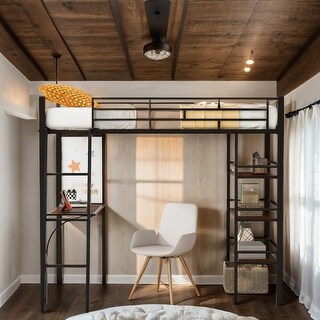 Twin Size Loft Metal Bed with 3 Layers of Shelves and Desk, Black