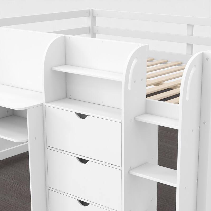 Full Loft Bed with Built-in Desk, Bookshelf, Storage Cabinets, Ladder and Whiteboard, Space-Saving Design