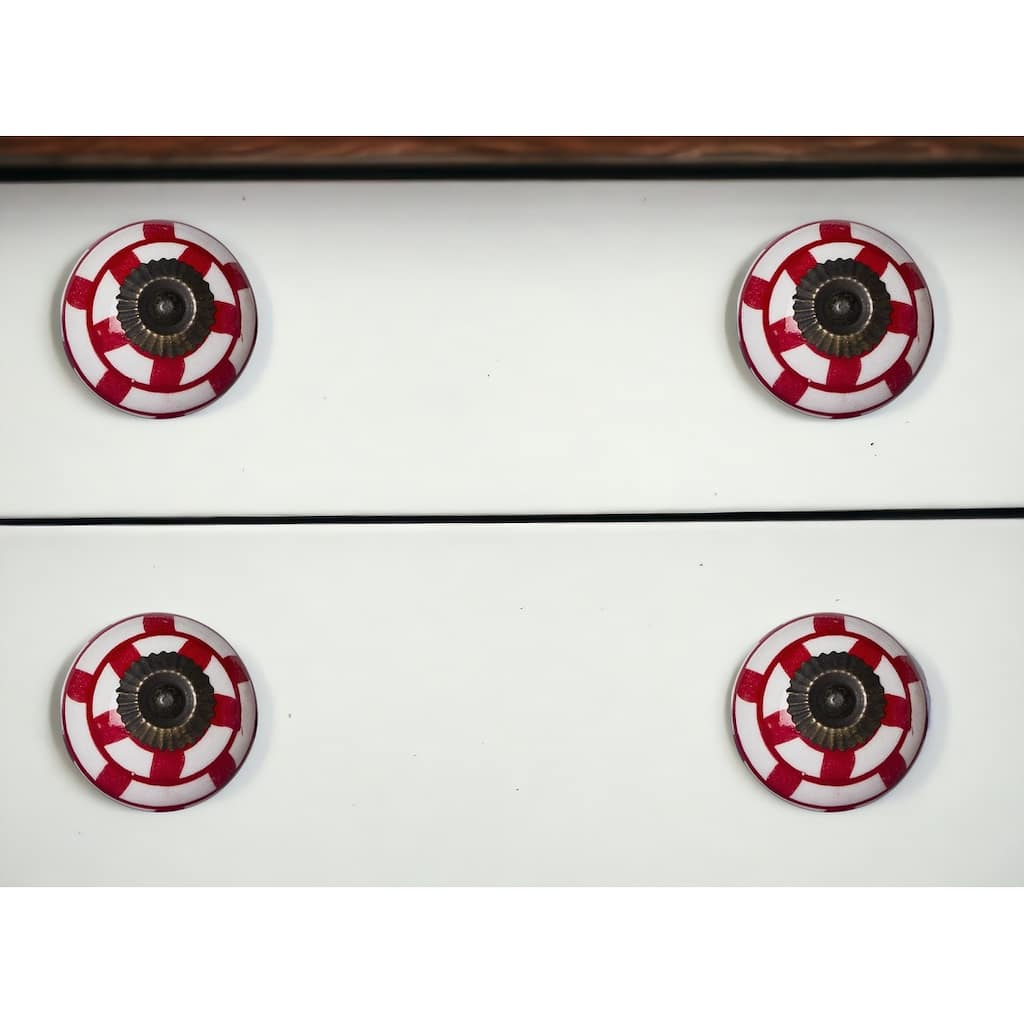 HomeRoots Set of Eight White And Red Ceramic And Metal Drawer Pull Knobs - 1.5' X '1.5' X '1.5