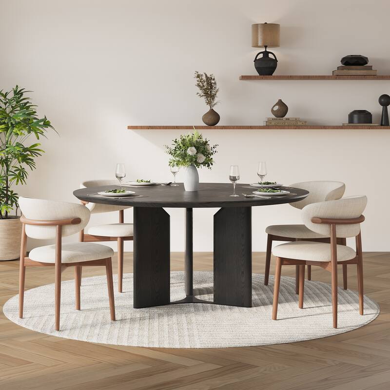 59" Modern Round Dining Table for 6-8, Black Solid Wood Texture, with 3 Stable Wood Legs