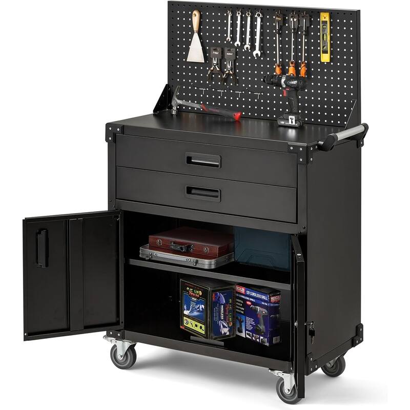AECOJOY Rolling Tool Chest with Wheels 2 Drawers Pegboard - Black