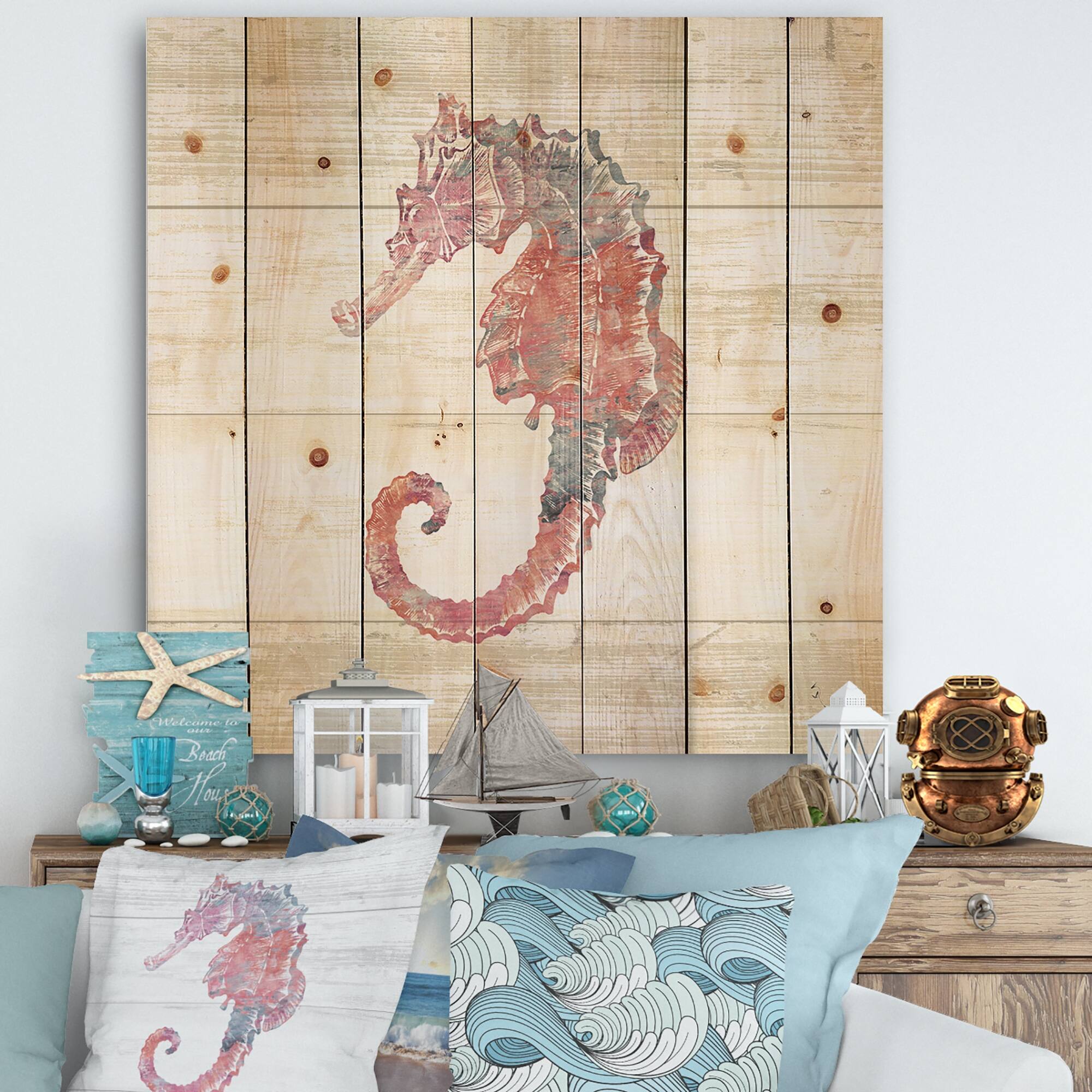 Designart 'Pink seahorses Ocean Life' Nautical & Coastal Print on Natural Pine Wood Grey Bed