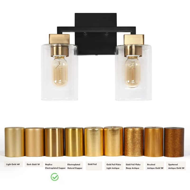 Caylin Modern 2-Light Black Gold Bathroom Vanity Light Square Glass Wall Sconces - 12"L x 5.5"W x 10"H